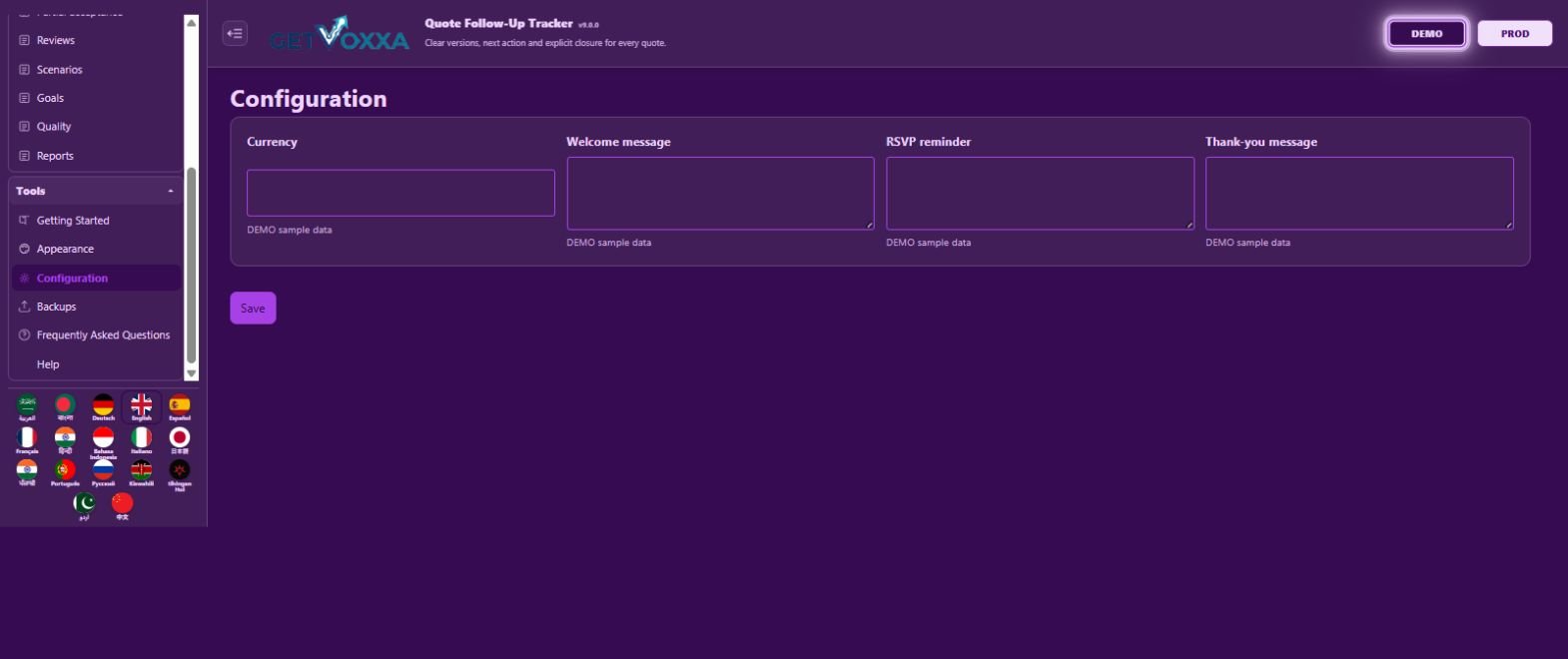 Снимок экрана — Quote Follow-Up Tracker v9.0.0