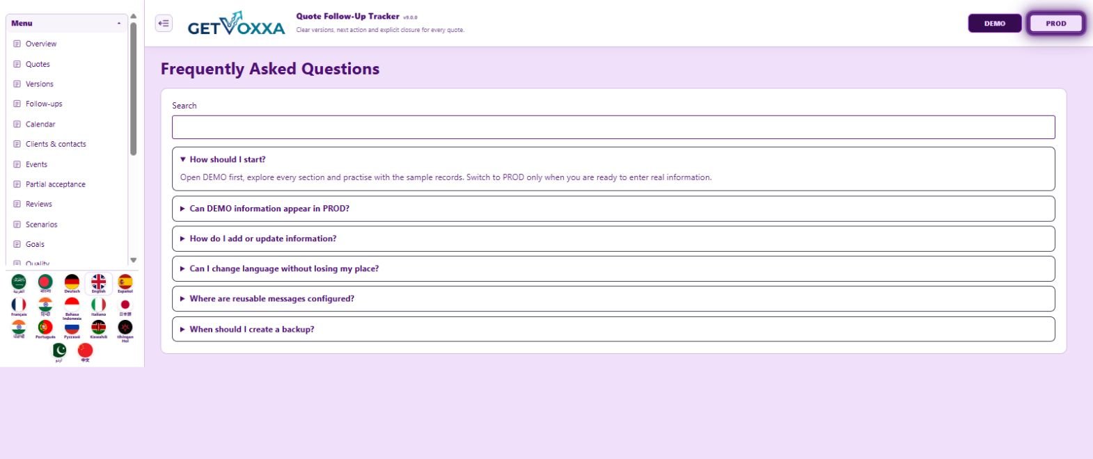 Снимок экрана — Quote Follow-Up Tracker v9.0.0