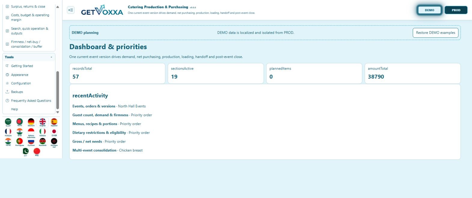 Screenshot — Catering Production & Purchasing v9.0.0