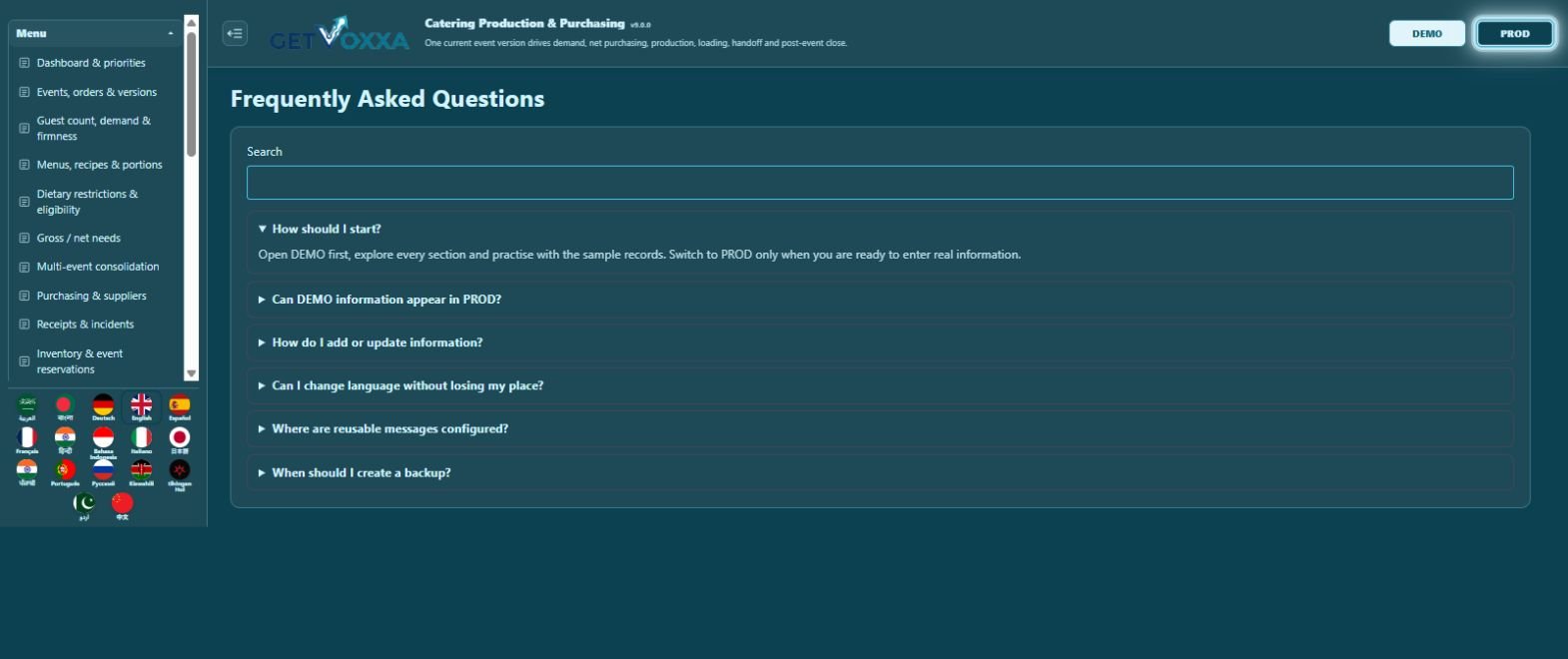 Screenshot — Catering Production & Purchasing v9.0.0