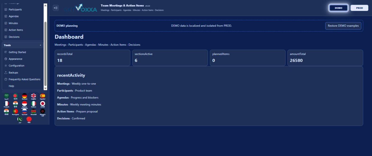 Screenshot — Team Meetings & Action Items v9.0.0