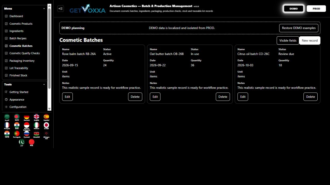 ਸਕ੍ਰੀਨਸ਼ਾਟ — Artisan Cosmetics — Batch & Production Management v9.0.0