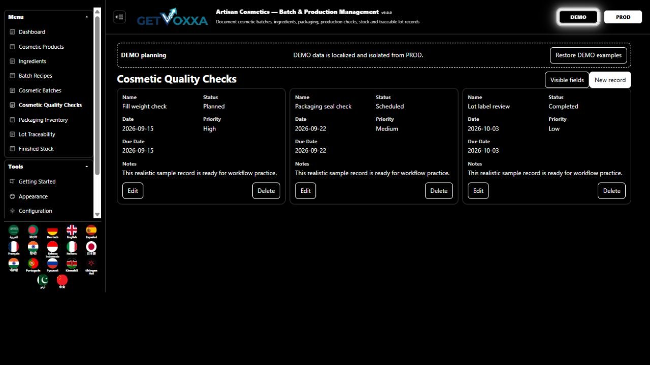 ਸਕ੍ਰੀਨਸ਼ਾਟ — Artisan Cosmetics — Batch & Production Management v9.0.0
