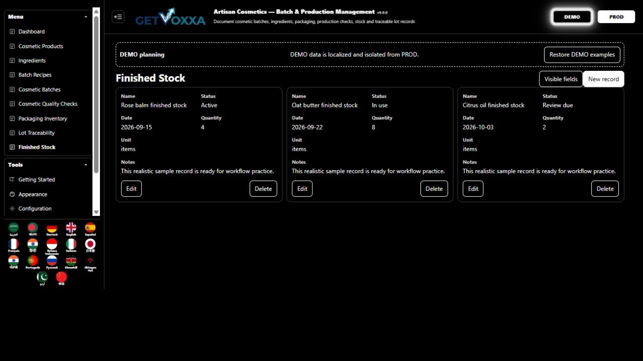 ਸਕ੍ਰੀਨਸ਼ਾਟ — Artisan Cosmetics — Batch & Production Management v9.0.0