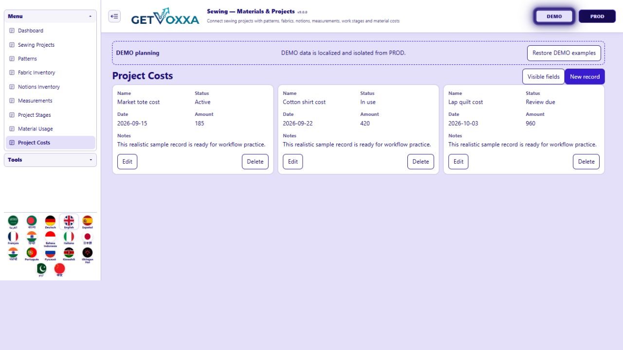Screenshot — Sewing — Materials & Projects v9.0.0