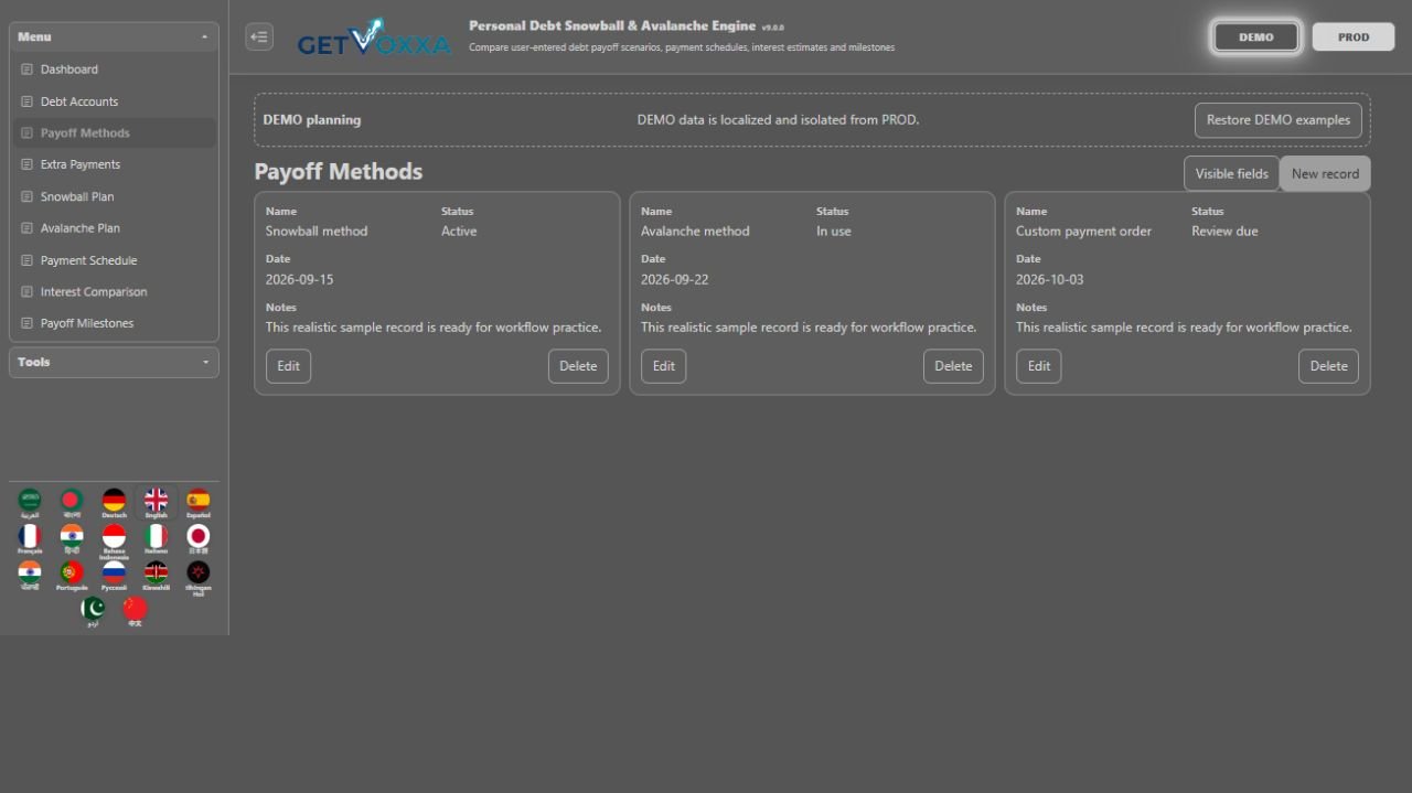 स्क्रीनशॉट — Personal Debt Snowball & Avalanche Engine v1.0.0