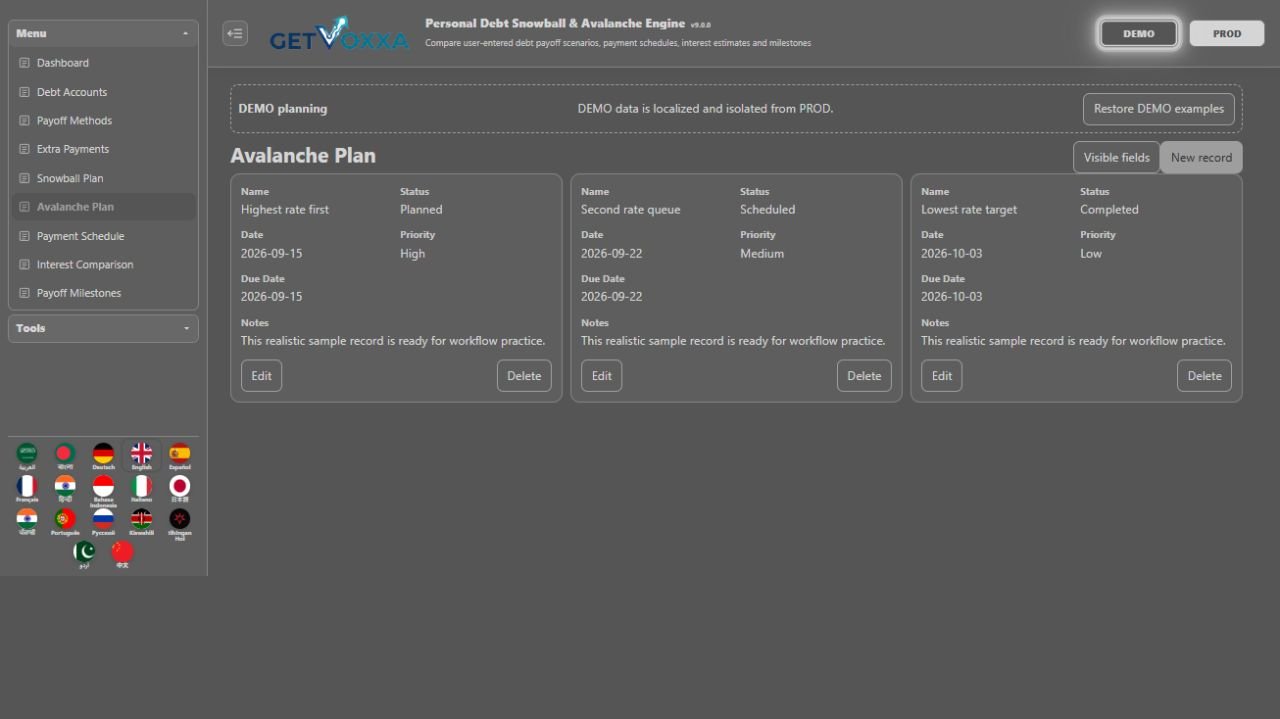 स्क्रीनशॉट — Personal Debt Snowball & Avalanche Engine v1.0.0