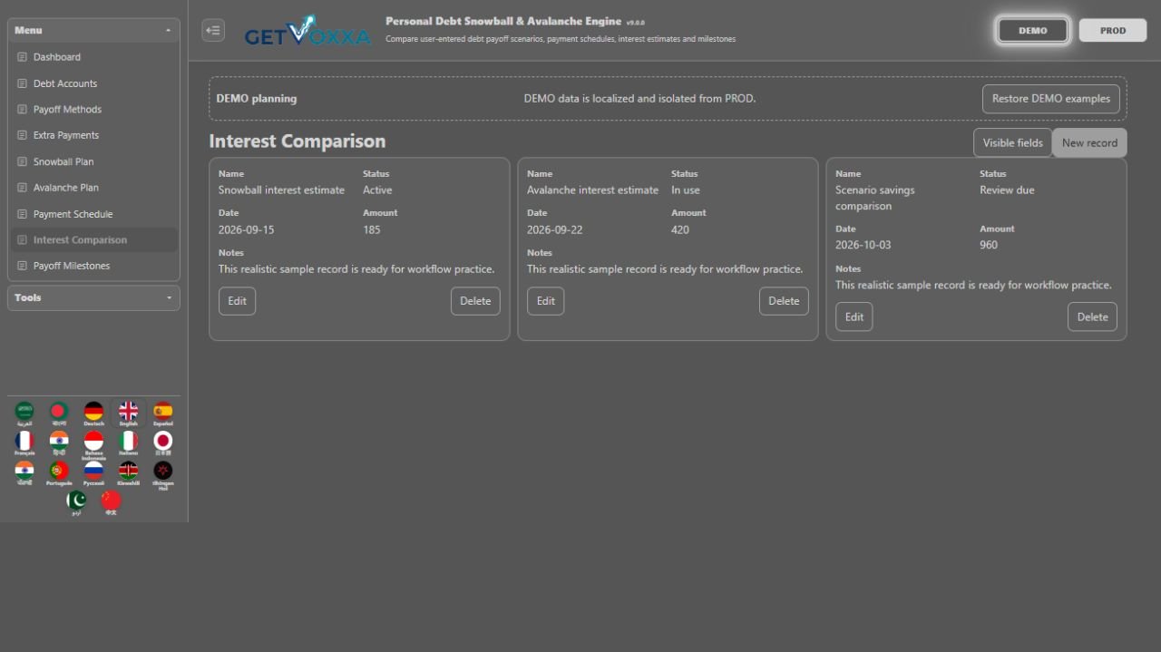 स्क्रीनशॉट — Personal Debt Snowball & Avalanche Engine v1.0.0