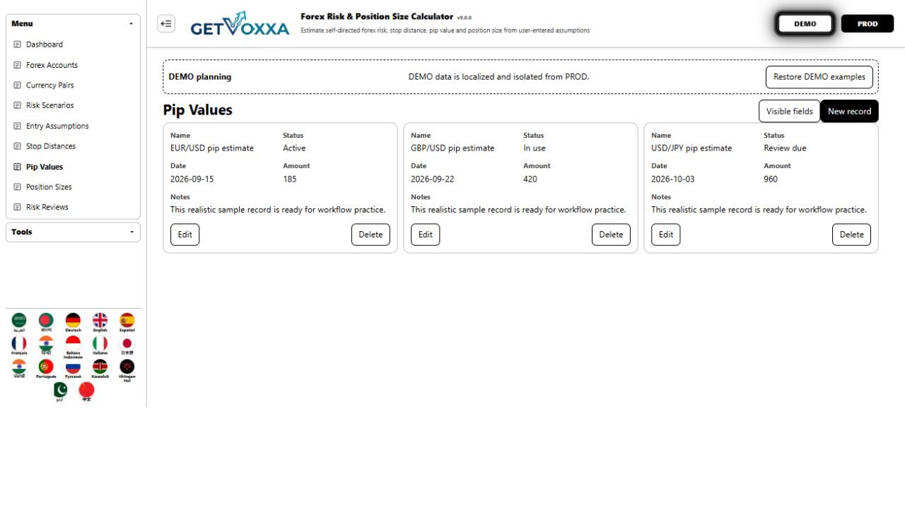 Captura de pantalla — Forex Risk & Position Size Calculator v1.0.0