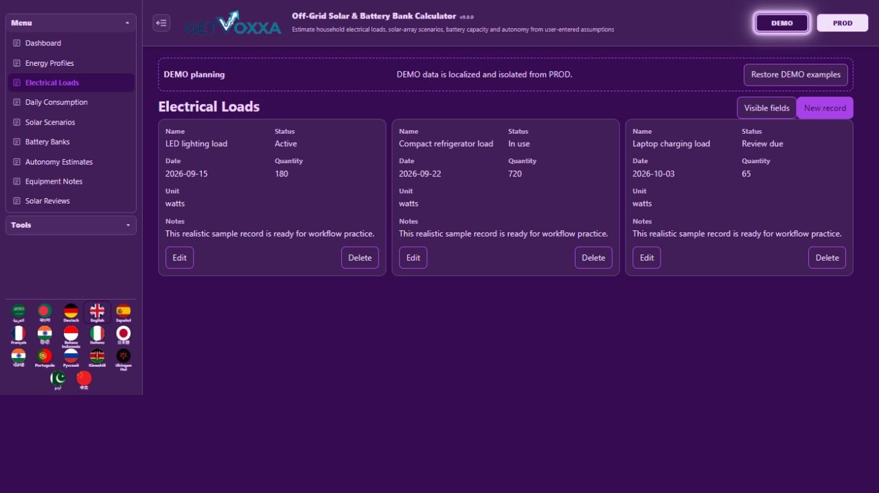 Screenshot — Off-Grid Solar & Battery Bank Calculator v1.0.0