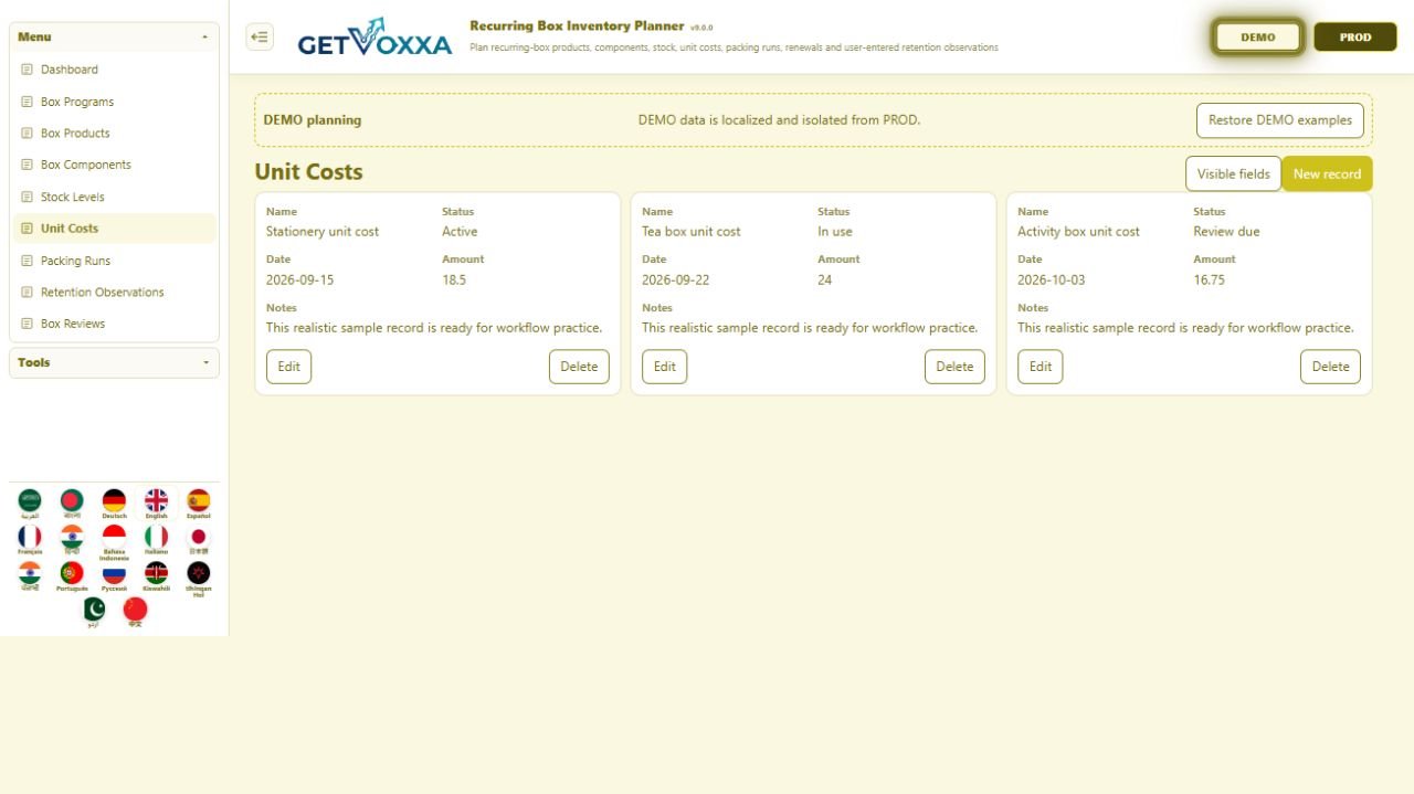 スクリーンショット — Subscription Box Curation & Inventory Planner v1.0.0