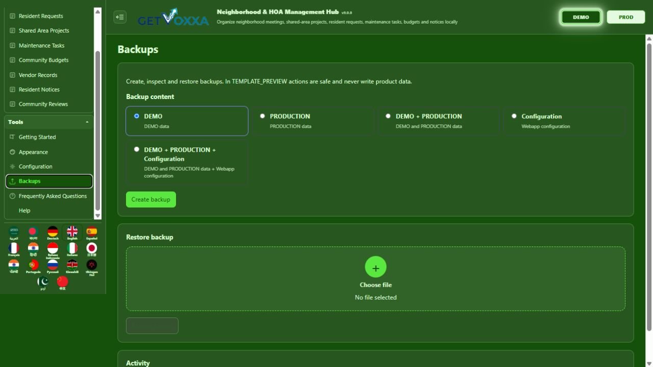 स्क्रीनशॉट — Neighborhood / HOA Management Hub v1.0.0