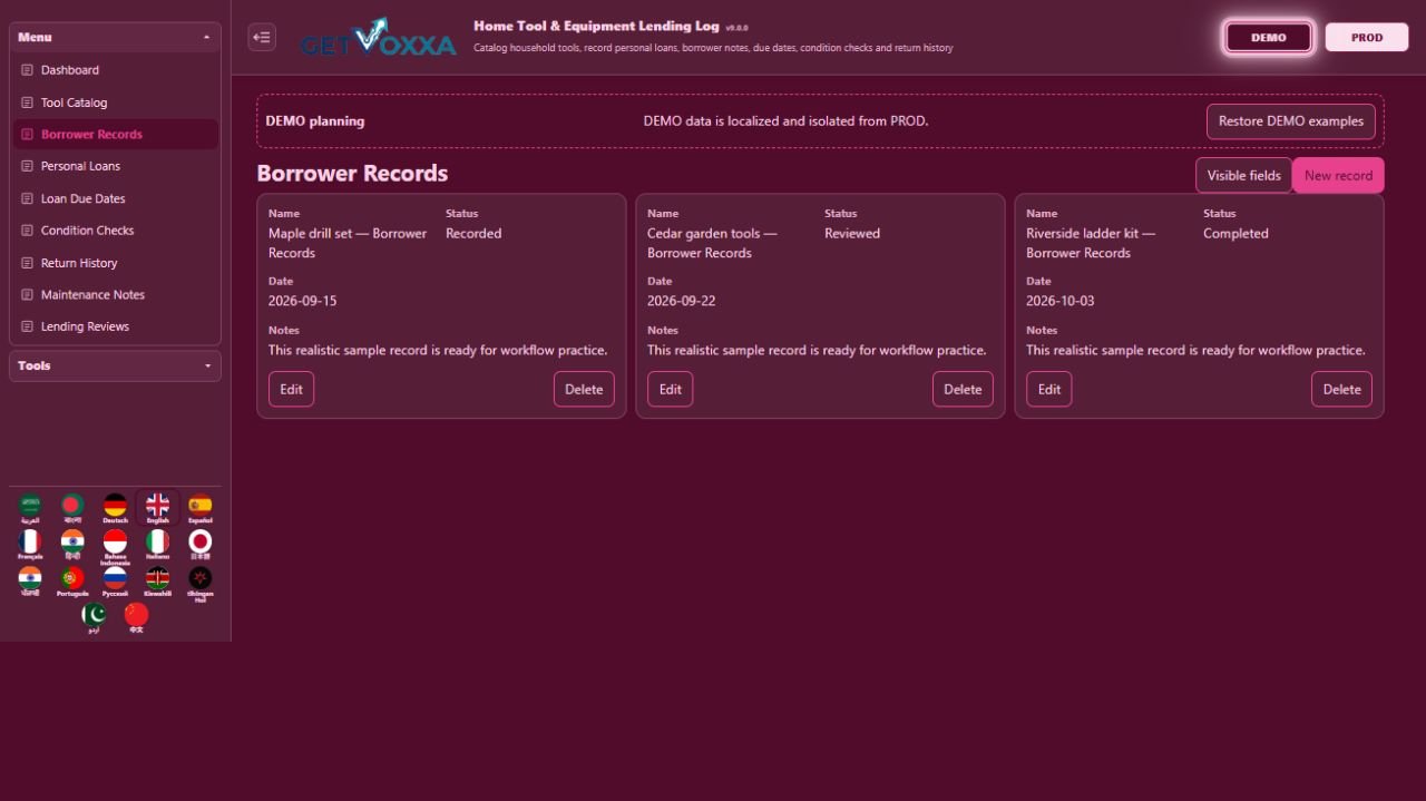 Screenshot — Home Tool & Equipment Rental/Loan Log v1.0.0