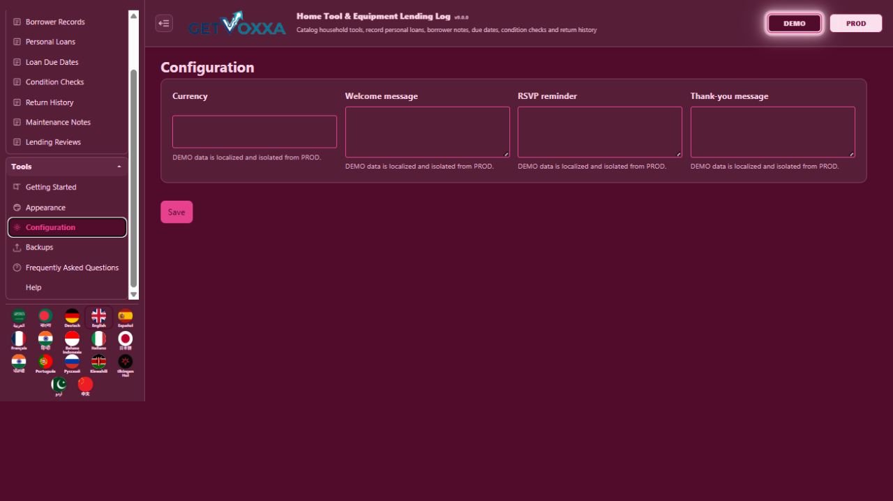 Screenshot — Home Tool & Equipment Rental/Loan Log v1.0.0