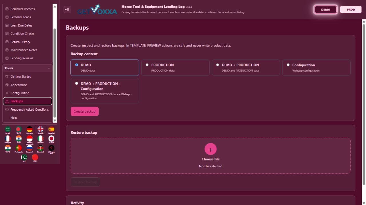 Screenshot — Home Tool & Equipment Rental/Loan Log v1.0.0
