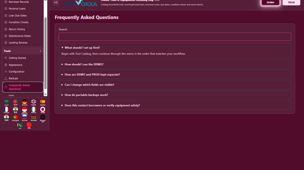 Screenshot — Home Tool & Equipment Rental/Loan Log v1.0.0