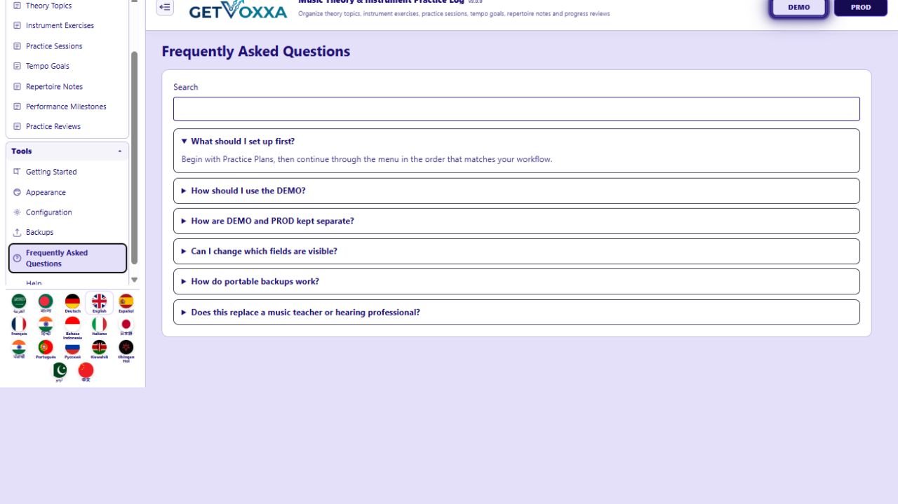 Captura de tela — Music Theory & Instrument Practice Log v1.0.0
