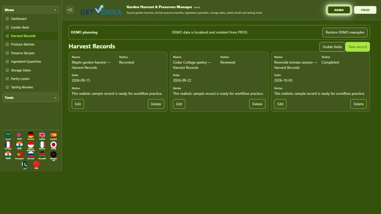 لقطة شاشة — Garden Harvest & Preserves Manager v1.0.0