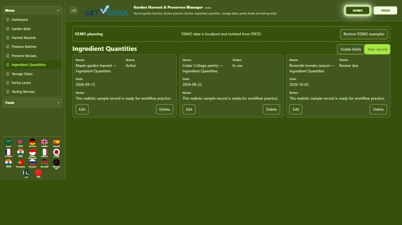 لقطة شاشة — Garden Harvest & Preserves Manager v1.0.0