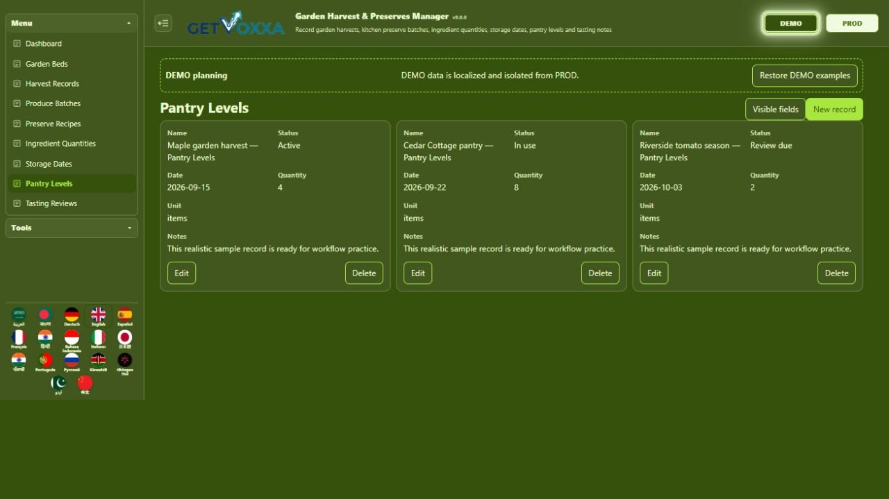 لقطة شاشة — Garden Harvest & Preserves Manager v1.0.0