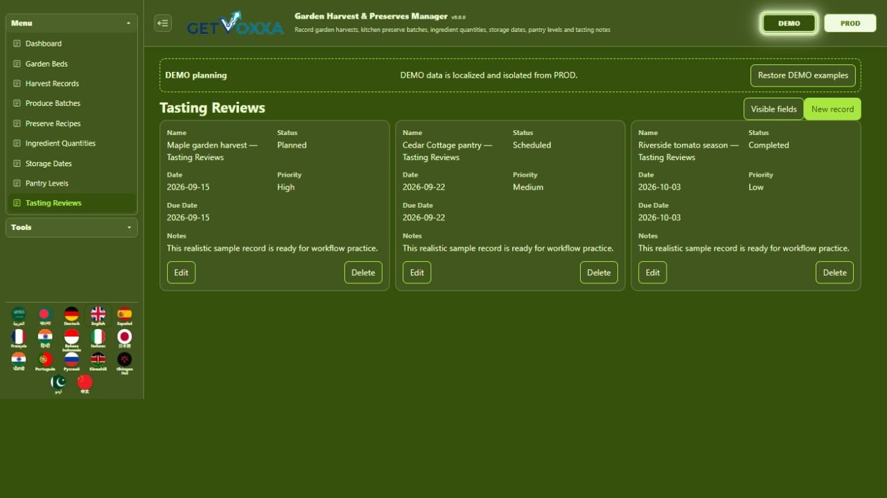 لقطة شاشة — Garden Harvest & Preserves Manager v1.0.0