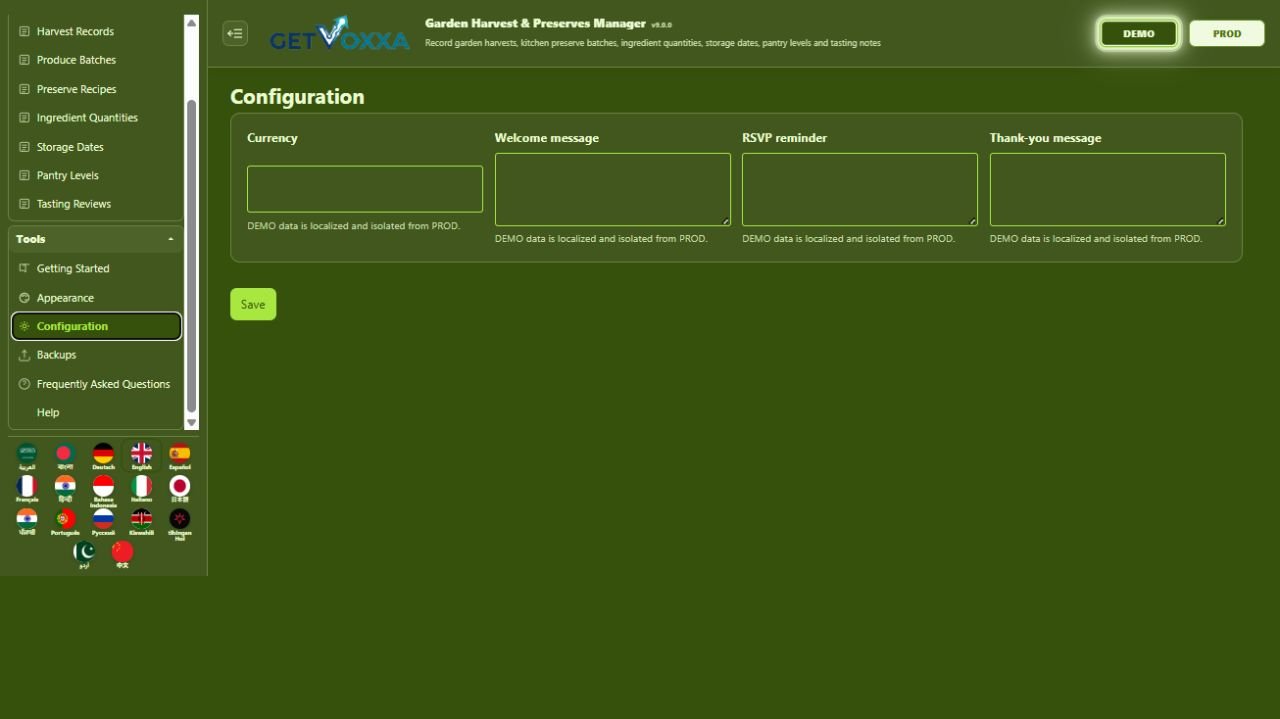 لقطة شاشة — Garden Harvest & Preserves Manager v1.0.0