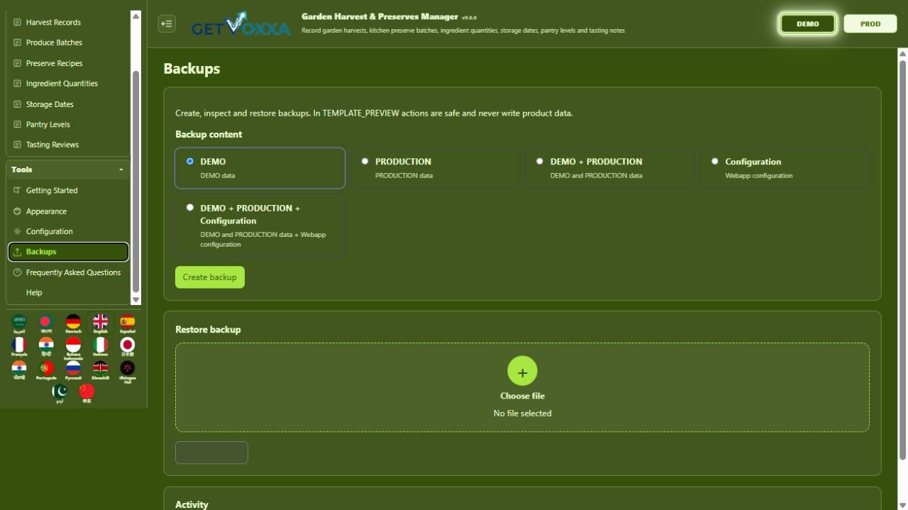 لقطة شاشة — Garden Harvest & Preserves Manager v1.0.0